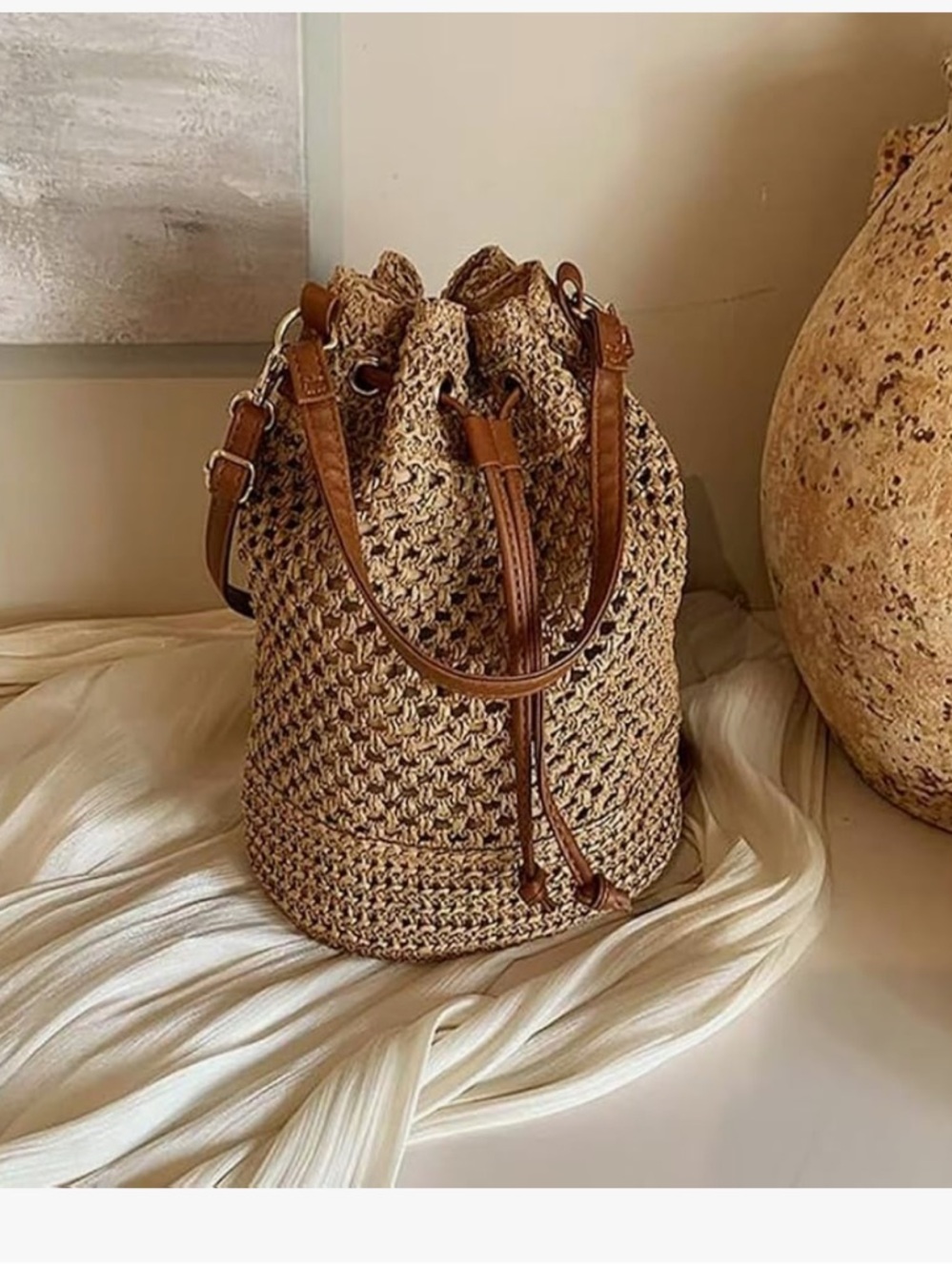 Woven Crossbody Bag, Straw Crossbody Bags for Women, Straw Bucket Bag, - Picture 6 of 6